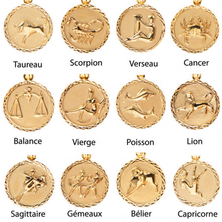 Pendentif en plaqué or signe astrologique et gravure verso