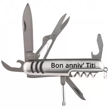 Couteau multifonction argenté avec gravure texte