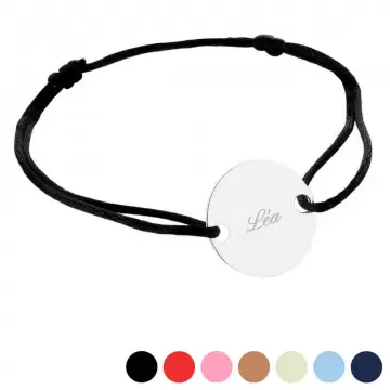 Bracelet rond en argent avec trou accroche et gravure - Cordon satin
