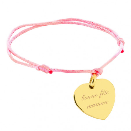 Bracelet cordon rose avec cœur en plaqué or