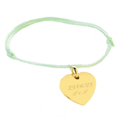 bracelet cordon satin vert et médaille coeur gravé