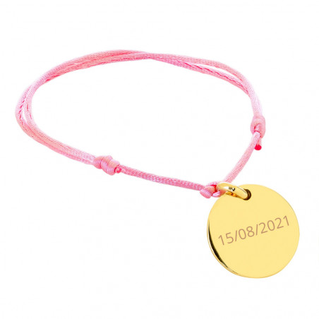 Bracelet médaillon rond plaqué or et cordon rose