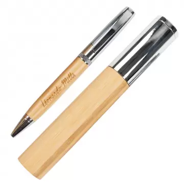 Stylo bille twist bois bambou gravé avec étui tube rangement assorti