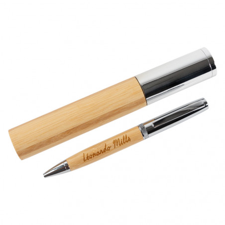 Stylo bille bambou unique avec tube de rangement assorti