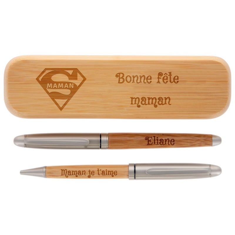 Coffret stylos en bois avec gravure texte