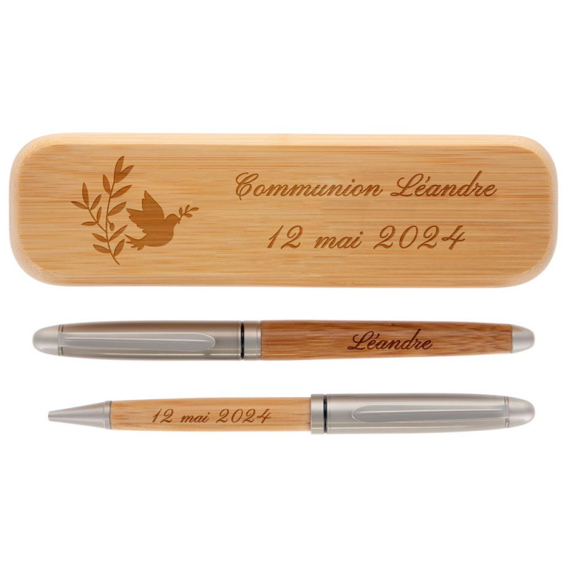 Coffret 2 stylos bois communion personnalisé