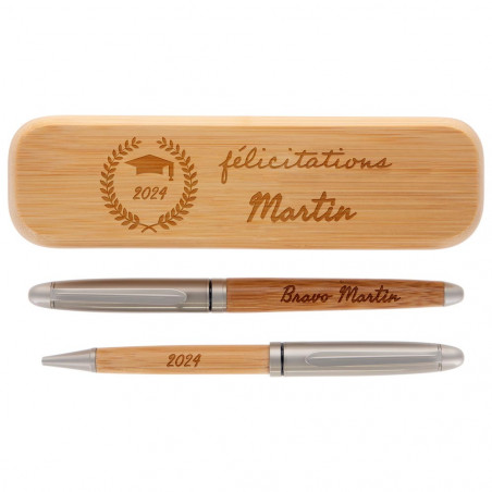 Coffret 2 stylos en bois félicitation unique