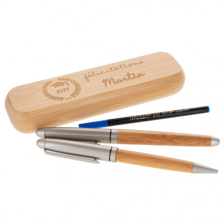 Coffret 2 stylos en bois félicitation avec texte gravé