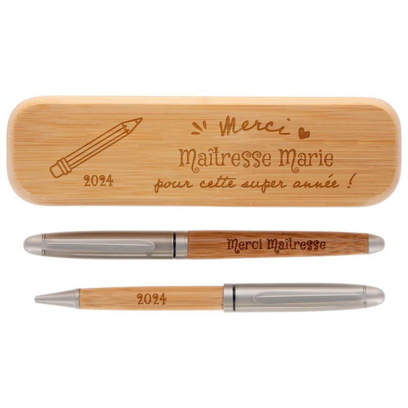 Coffret 2 stylos bois personnalisé - cadeau maitresse