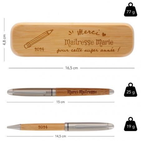 Taille du coffret 2 stylos bois personnalisé pour maitresse