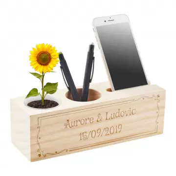 Organiseur de bureau bois avec plante personnalisé | Gravure arabesque