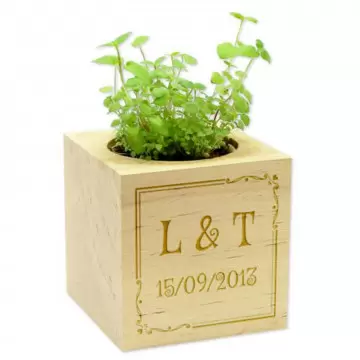 Cube en bois plante personnalisé avec gravure arabesque | Objet déco