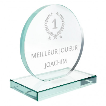 Trophée rond en verre avec texte et design récompense
