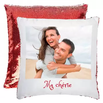 Coussin rouge sequin personnalisable avec photo imprimée