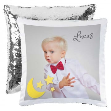 Coussin brillant à sequin personnalisé photo | Sequin blanc / argenté