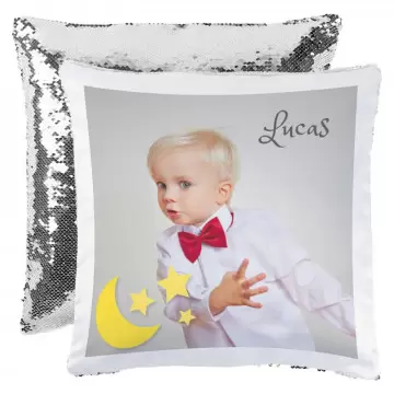 Coussin brillant à sequin personnalisé photo | Sequin blanc / argenté