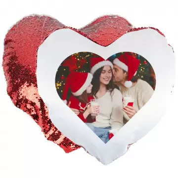Coussin cœur sequin rouge à personnaliser avec photo