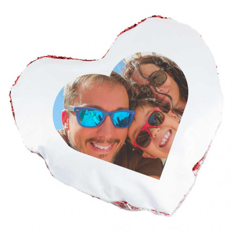 Coussin sequin cœur rouge personnalisable avec photo