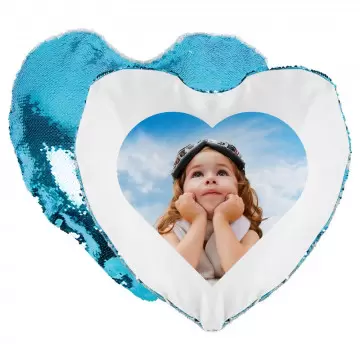 Coussin cœur personnalisé photo à sequin bleu clair et blanc