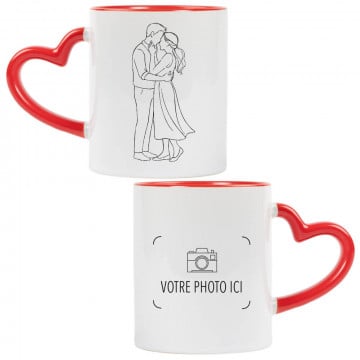 Mug couple personnalisé |  Design minimaliste & anse cœur rouge