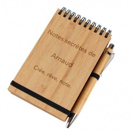 Gravure texte personnalisée sur bloc note bambou