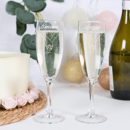 Duo de flûtes à champagne mains entrelacées personnalisées
