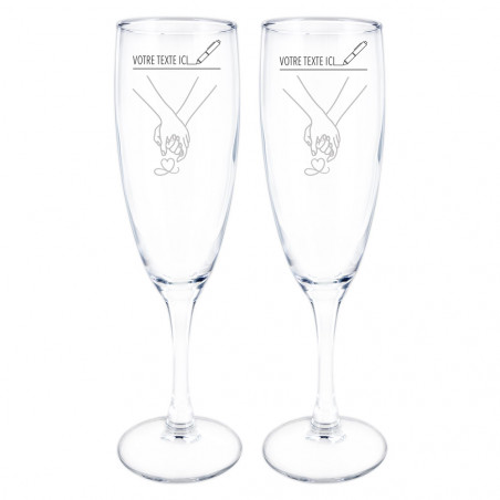 Duo de coupes à champagne mains entrelacées gravées
