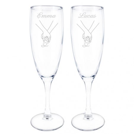 Duo de coupes à champagne mains entrelacées personnalisées