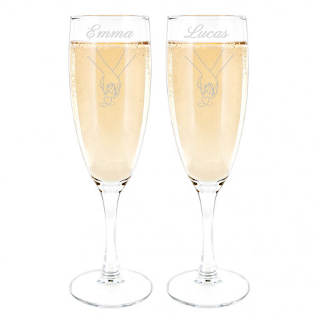 Duo de flûtes à champagne mains entrelacées gravées