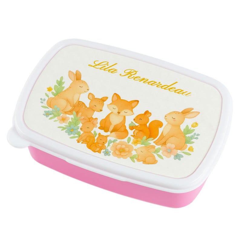 Boîte repas rose animaux de la forêt personnalisée