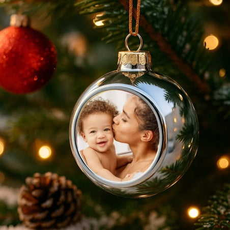Boule noel argentée personnalisable avec photo