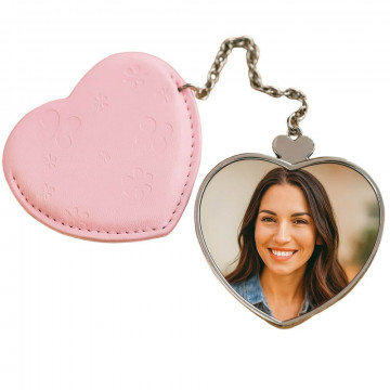 Miroir de poche forme de coeur avec pochette rose