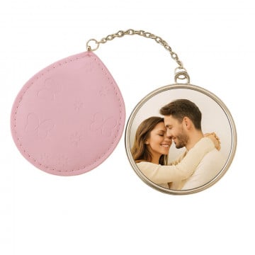 Miroir de poche rond photo personnalisé avec tissu rose