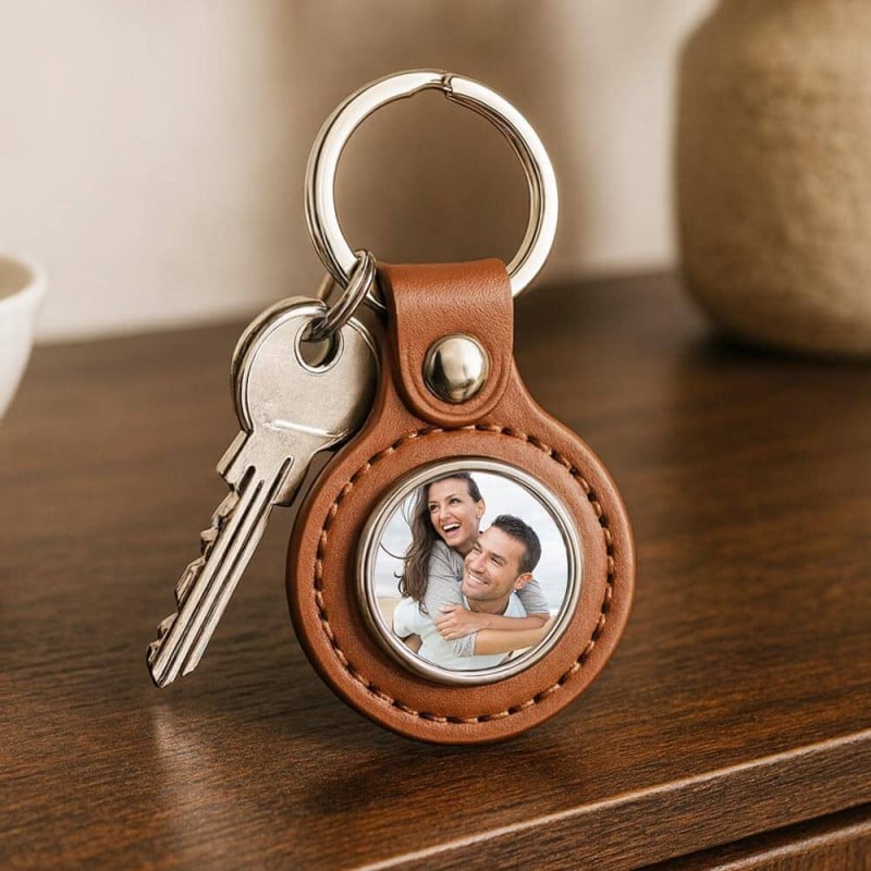 Porte clé cuir brun rond à personnaliser