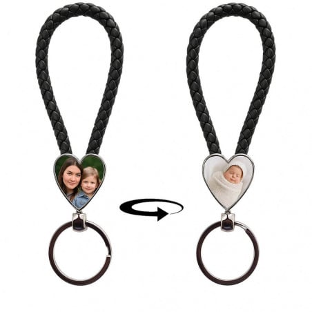 Porte clef coeur corde tressée noir personnalisée recto verso