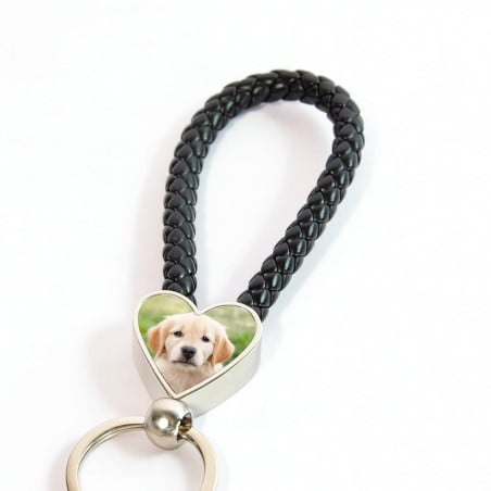 Porte clef coeur corde tressée noir zoom