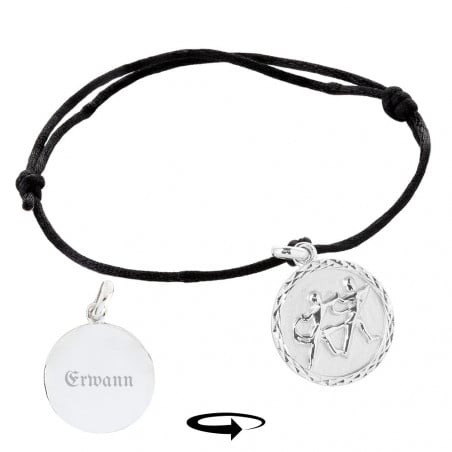 Bracelet cordon gémeaux en argent gravé