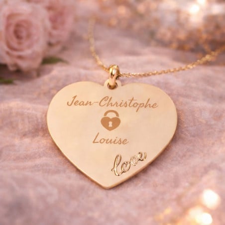 Collier cœur Love plaqué or 18 carats gravure texte