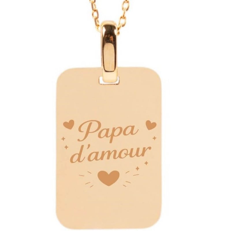 Collier rectangle plaqué or 18k gravé photo et texte