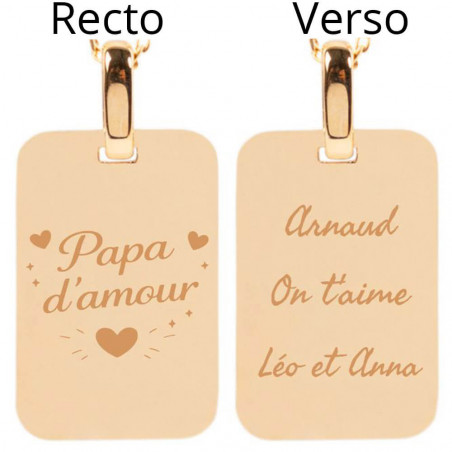 Collier rectangle en plaqué or gravure mot d'amour et texte