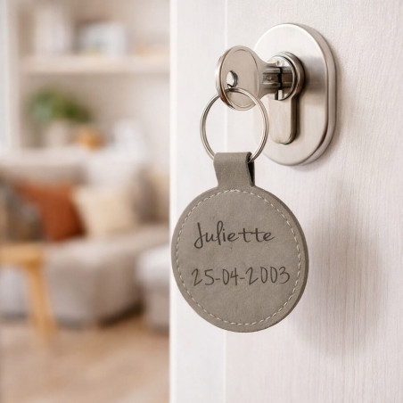 Porte cle rond cuir beige gravé