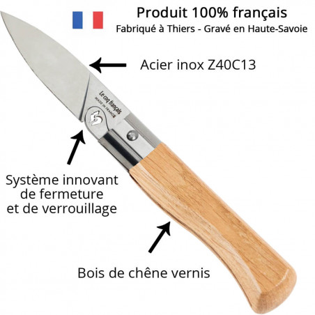 Couteau bois chêne gravé le coq français