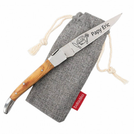 Couteau olivier gravé et pochette en tissu