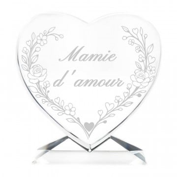 Cœur en verre mamie personnalisé | cadeau gravé avec prénom et message