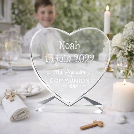 Coeur en verre communion gravé