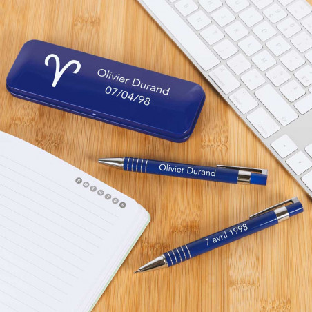 Parure stylos bleu personnalisable