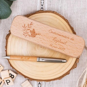 Coffret stylo bille bois communion personnalisé