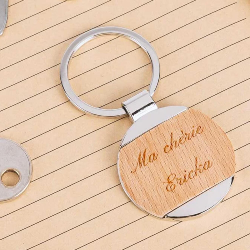 Porte clé bois et métal rond personnalisé