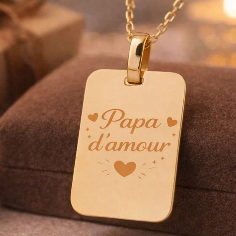 Collier rectangle en plaqué or 18 carats avec texte gravé
