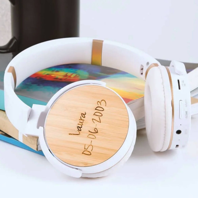 Casque bluetooth bois gravé texte